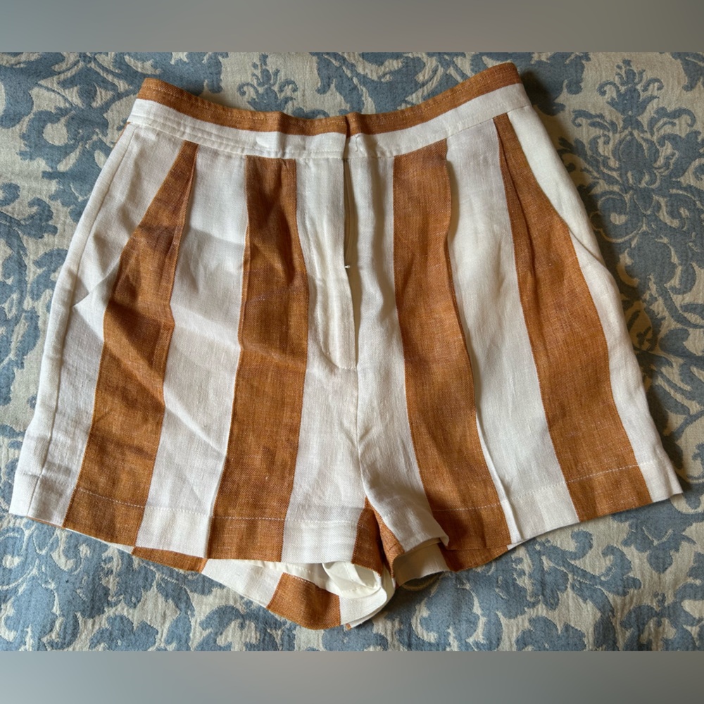 Amanda Uprichard High Waist Striped Tan and White Shorts